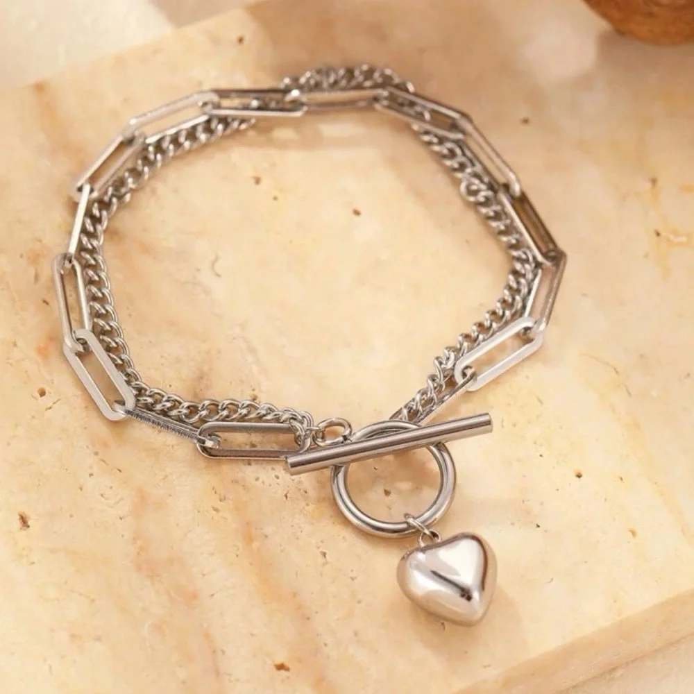 Silver Tone Heart Paperclip Chain Stainless Steel Bracelet - Picture 5 of 5